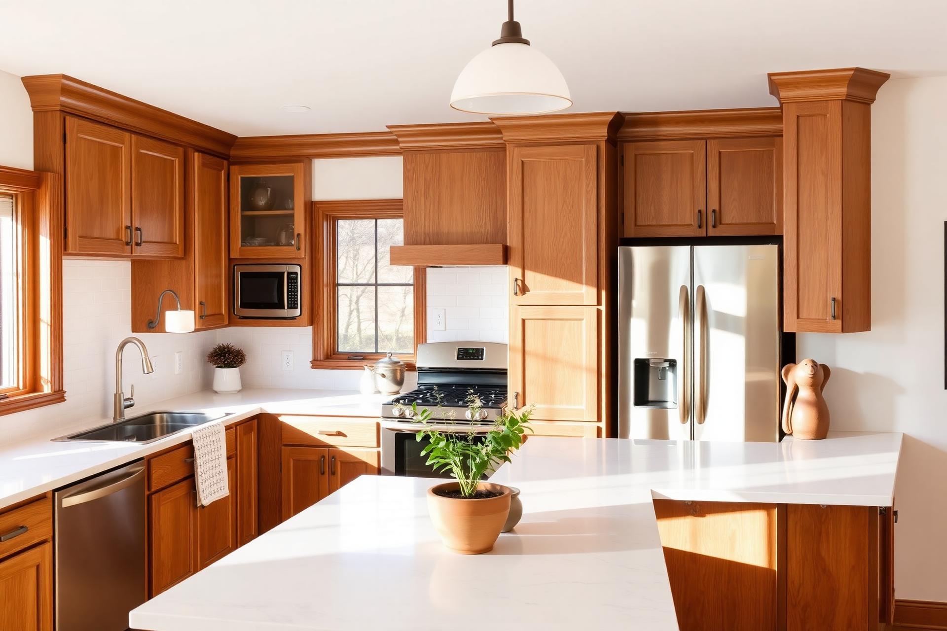 Warm oak kitchen remodel with quartz island in Yucaipa, CA